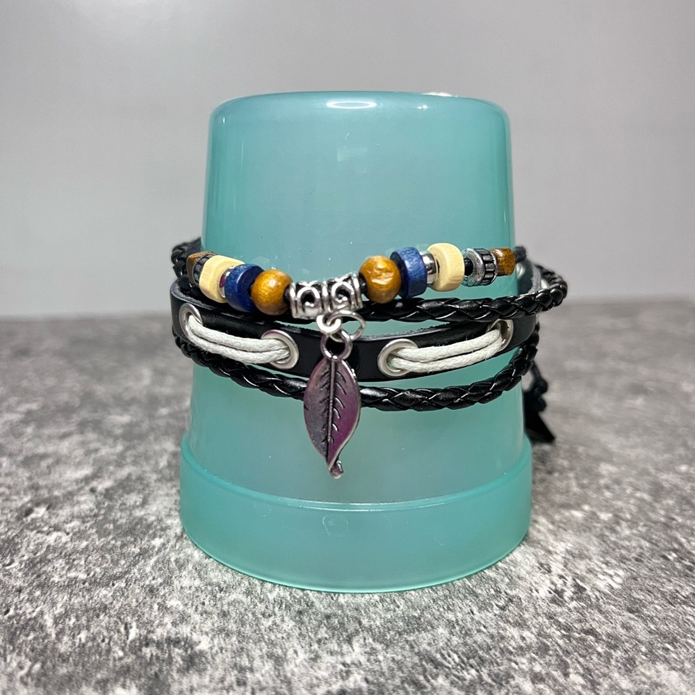 Boho Beaded Leather Bracelet with Leaf Charm